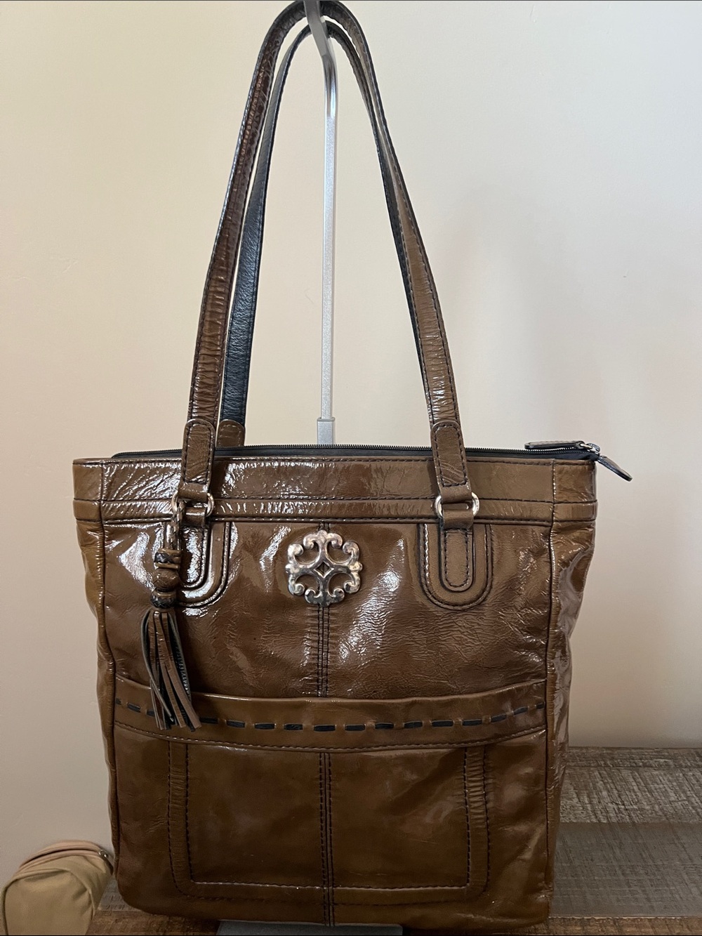 Brighton Brown Patent Leather Tote with Tassel Accent